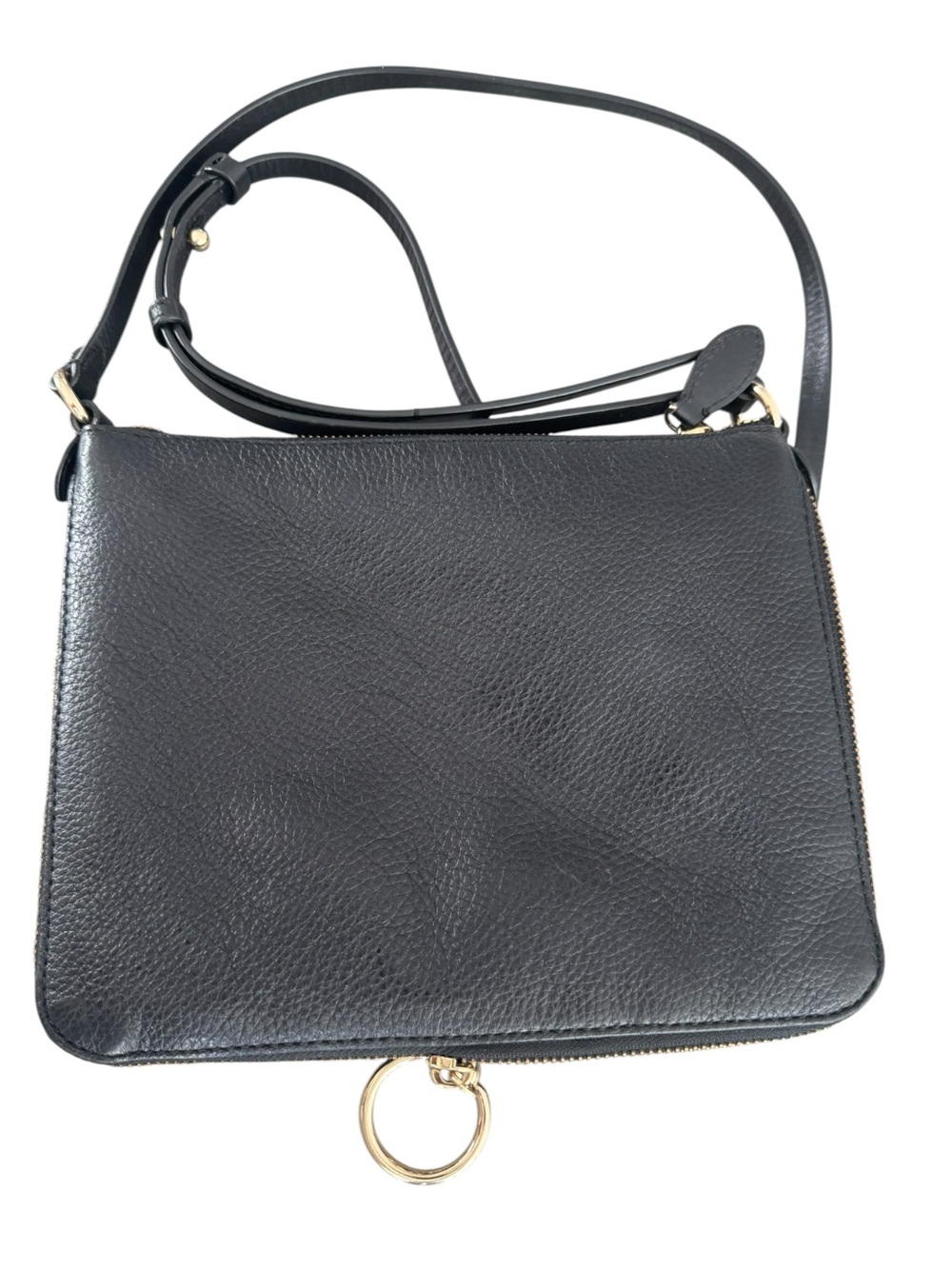 Rebecca Minkoff Black Pebbled Leather Crossbody Bag Gold Ring Zip Pull - Picture 2 of 10